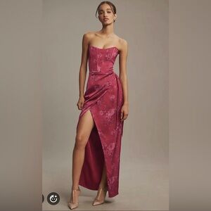 V. Chapman June Printed Corset Front-Slit Satin Gown